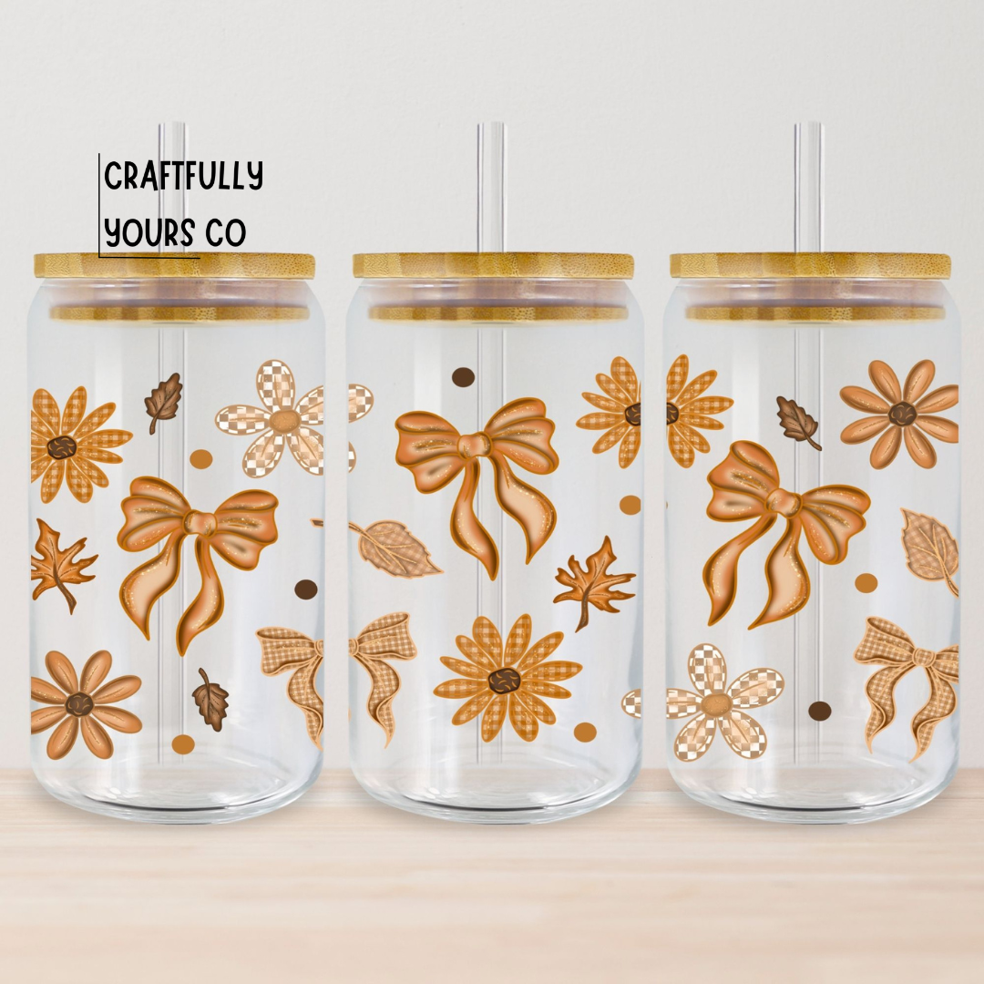 Floral Fall Plaid Bows Glass Tumbler