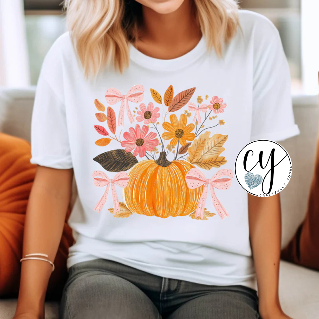 Pink Boho Hand-Drawn Pumpkin Florals Tee