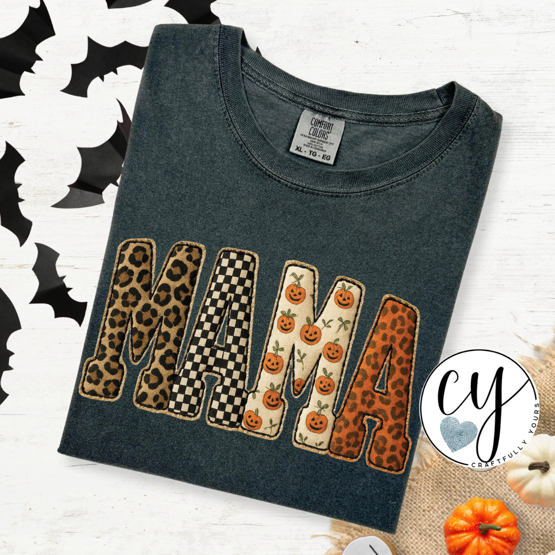 Mama Halloween Print Faux Embroidery