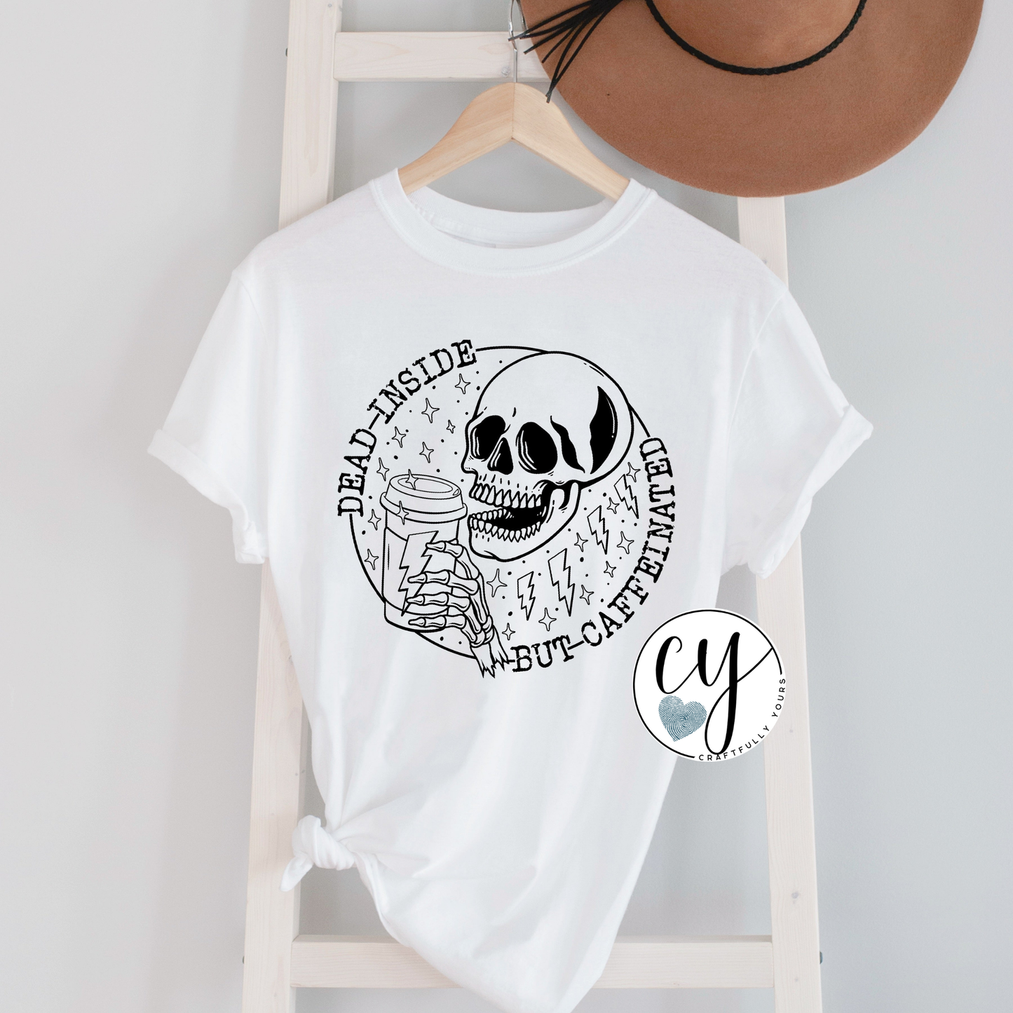 Dead Inside But Caffeinated T-Shirt | Sarcastic Coffee Tee | Funny Mom Shirt | Goth Mom Aesthetic | Tired Parent Shirt