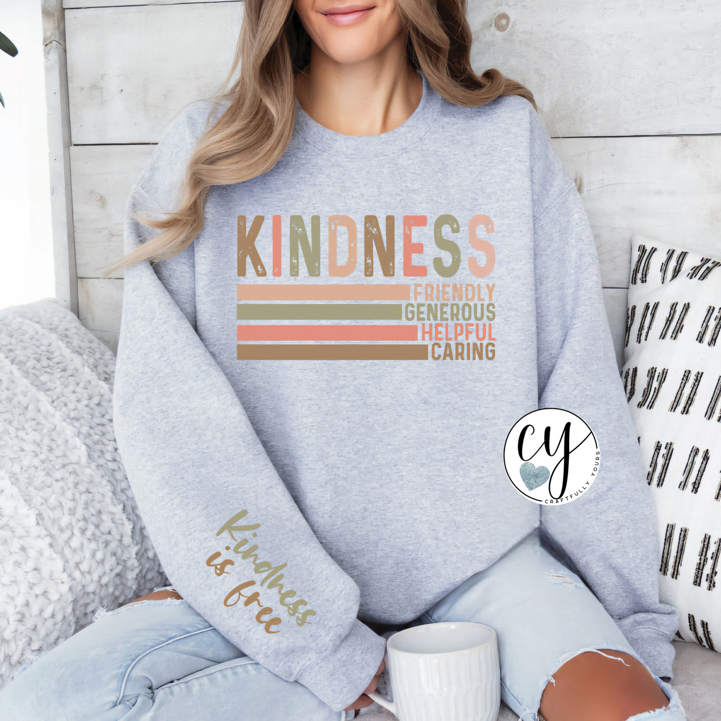 Kindness Words with Sleeve Accent T-Shirt | Be Kind Shirt with Words on Sleeve | Aesthetic Kindness Tee | Positive Quote Shirt