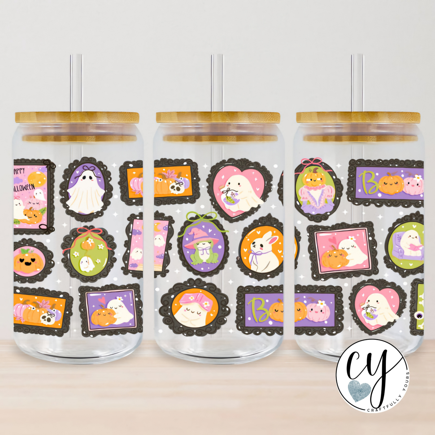 Halloween Collage Black Wall Frames Tumbler | Spooky Season Tumbler | Black Cat Ghost Pumpkin | Glass or Acrylic