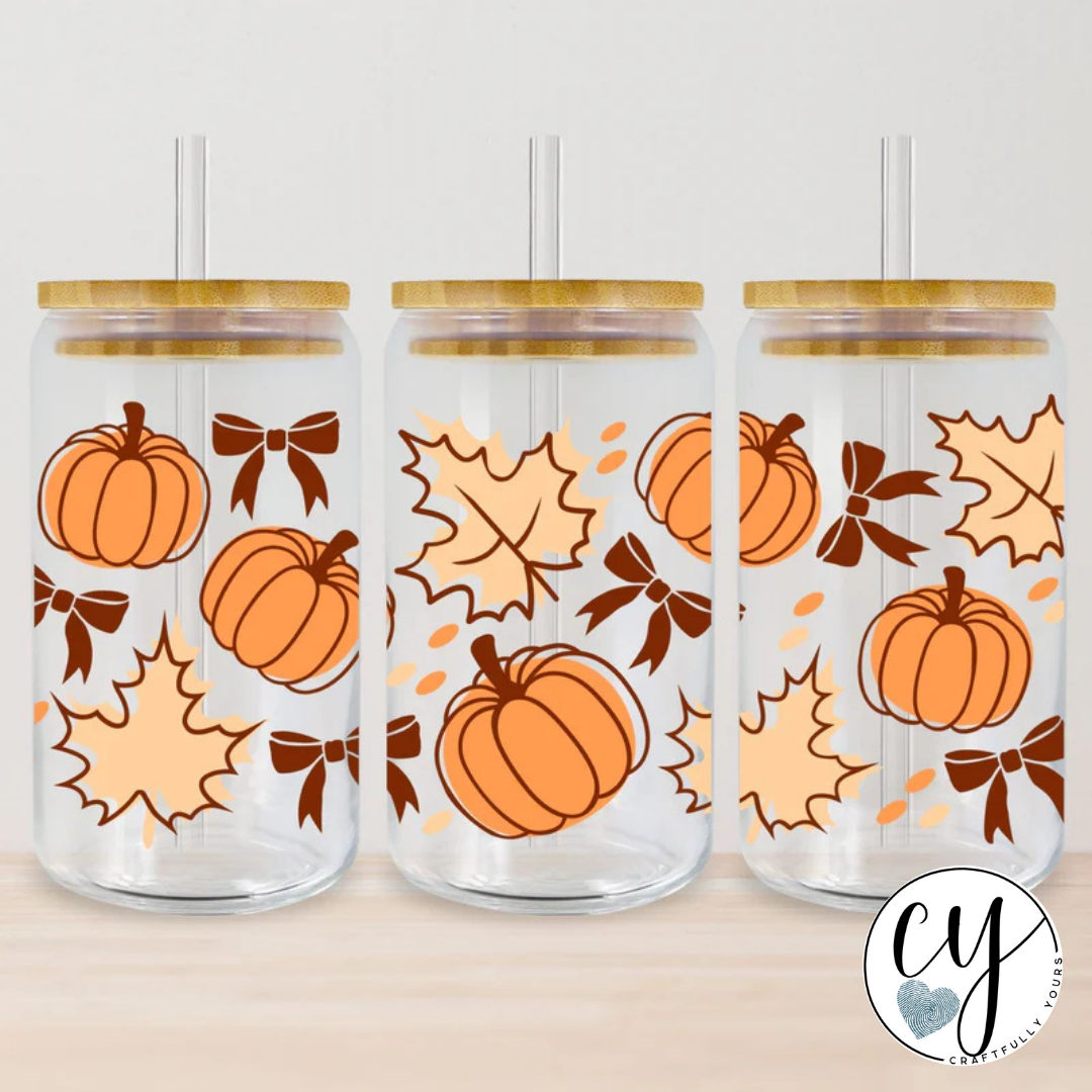 Fall Pumpkin Leaves and Bows Tumbler | Girly Autumn Drinkware