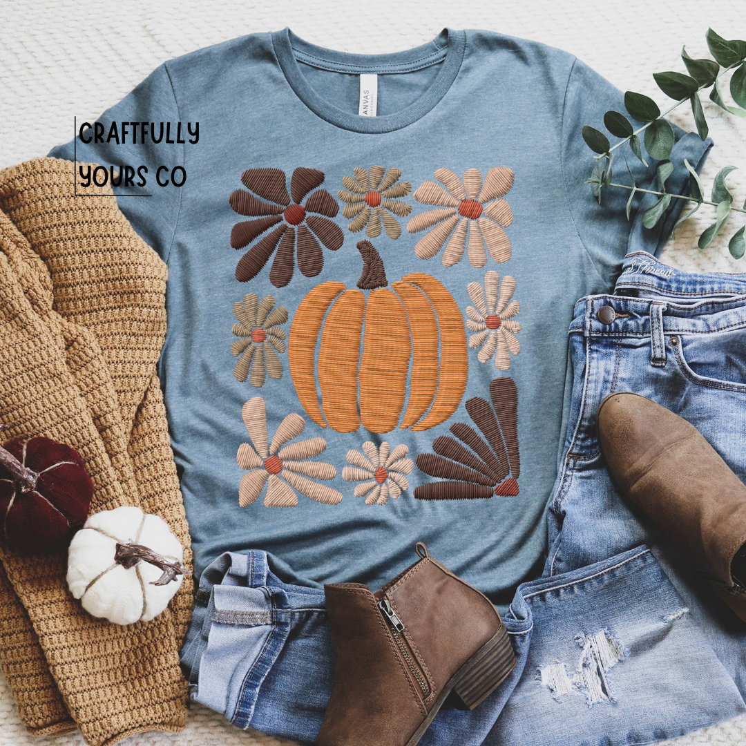 Boho Floral Pumpkin Faux Embroidery