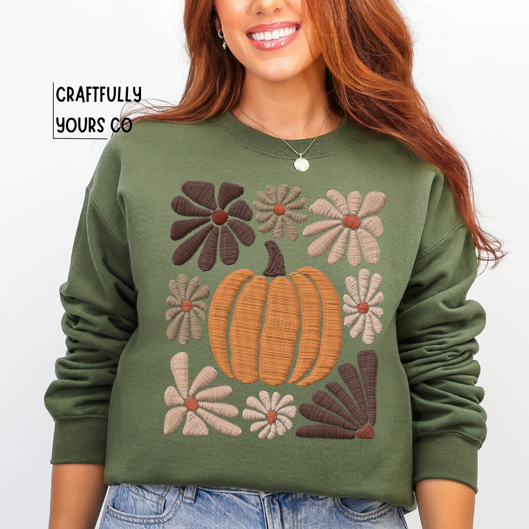 Boho Floral Pumpkin Faux Embroidery