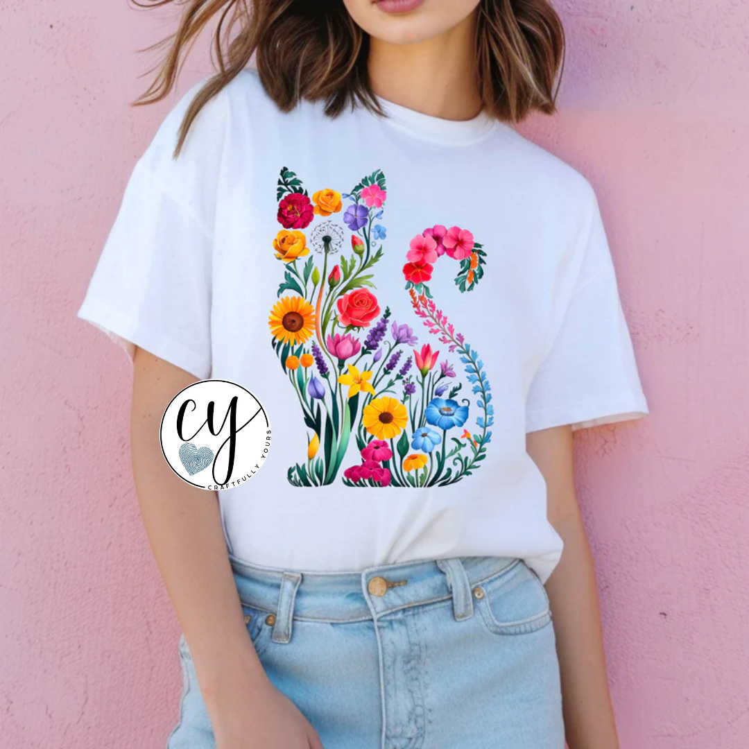 Bold Floral Cat Silhouette Tee