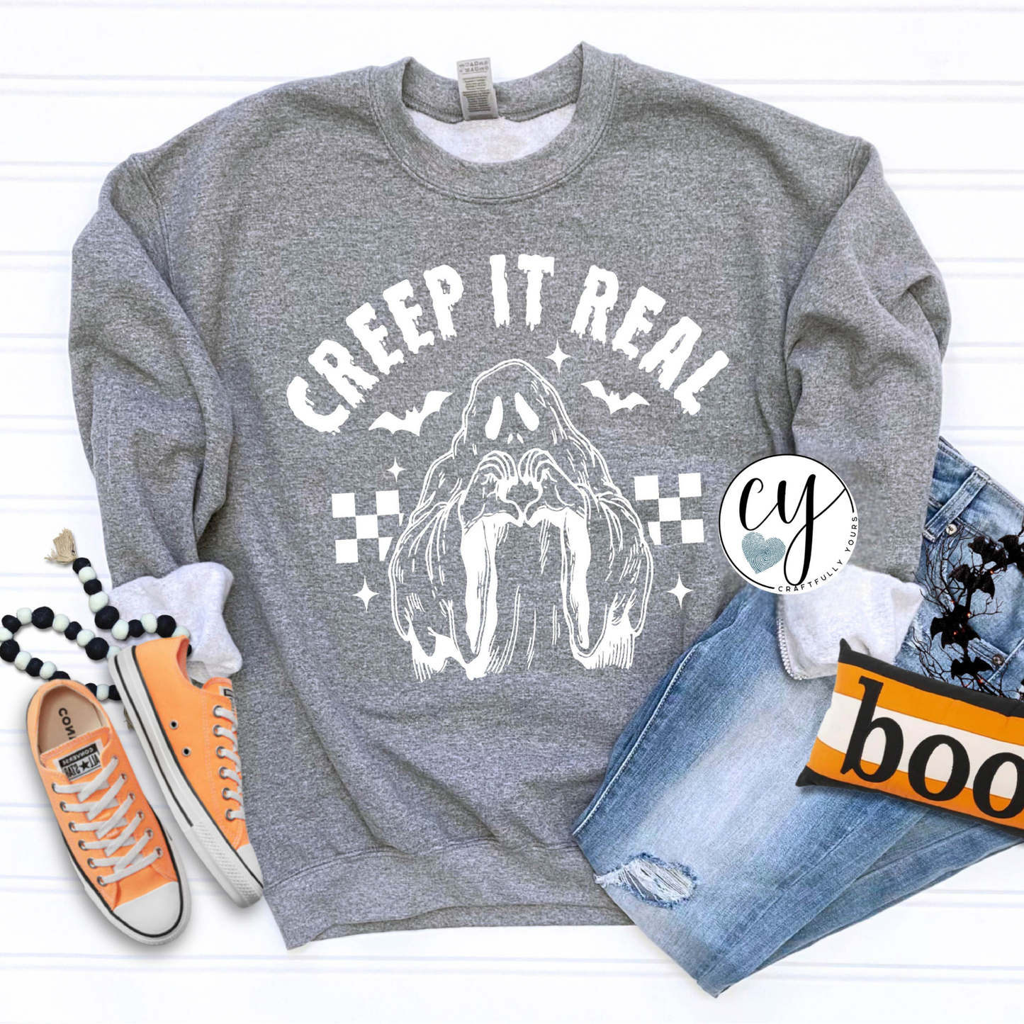 Spooky Season Vibe Check: Creep It Real Ghost Heart Hands T-Shirt | Halloween Comfort Colors Shirt | Cute Spooky Ghost T-Shirt