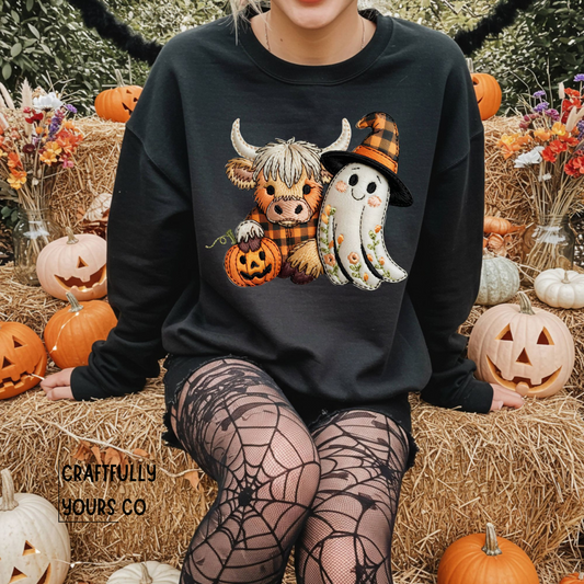 Faux Embroidery Halloween Ghost Cow Cuties