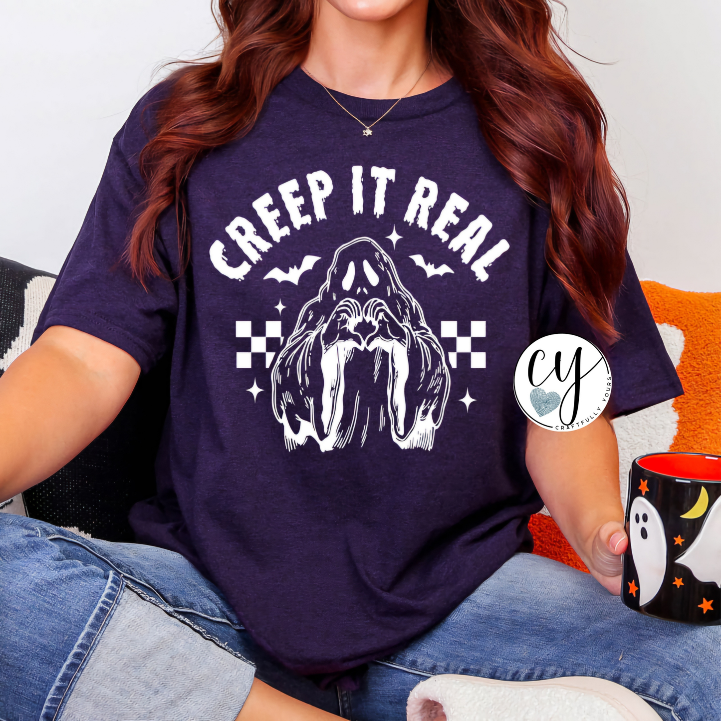 Spooky Season Vibe Check: Creep It Real Ghost Heart Hands T-Shirt | Halloween Comfort Colors Shirt | Cute Spooky Ghost T-Shirt