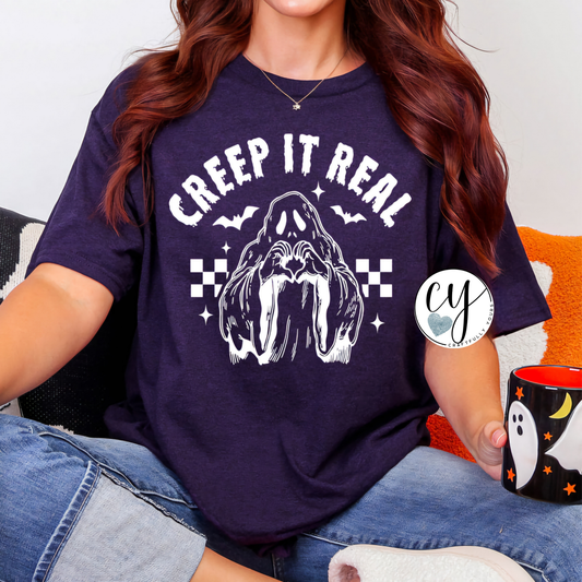 Spooky Season Vibe Check: Creep It Real Ghost Heart Hands T-Shirt | Halloween Comfort Colors Shirt | Cute Spooky Ghost T-Shirt