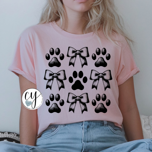 Dog Lover T-Shirt Paw Prints Bows | Dog Mom T-Shirt | Aesthetic Cute Pet Shirt | Paw Print Bows Tee