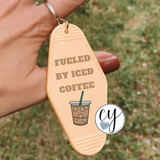 "Fueled By Iced Coffee" Retro Motel Keychain