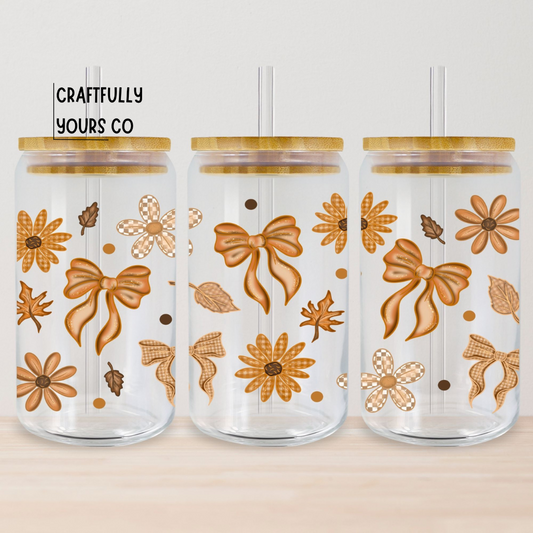 Floral Fall Plaid Bows Glass Tumbler