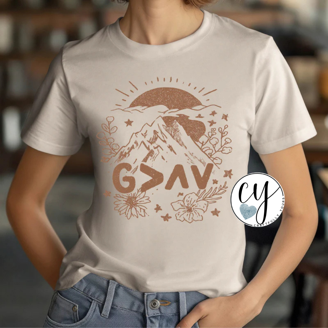 God is Greater Mountain Sunrise Tee | Christian Adventure Shirt
