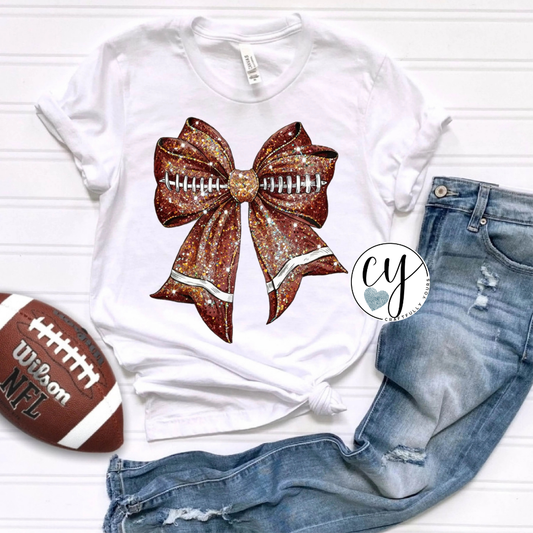 Faux Glitter Football Bow Tee | Cute Game Day Graphic Shirt