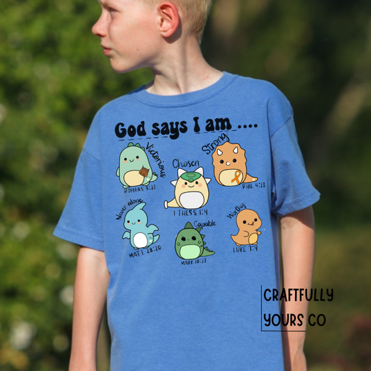 God Says I am Dino Tee | Faith & Fun Hand-Drawn Dinosaur Shirt