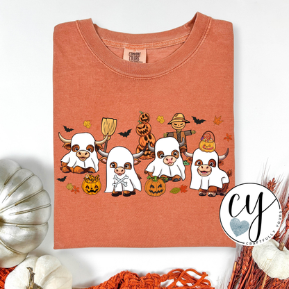 Highland Cow Halloween Ghosts T-Shirt | Ghost Cow Tee | Spooky Season Shirt | Funny Farm Animal Tee | Moo I Mean Boo