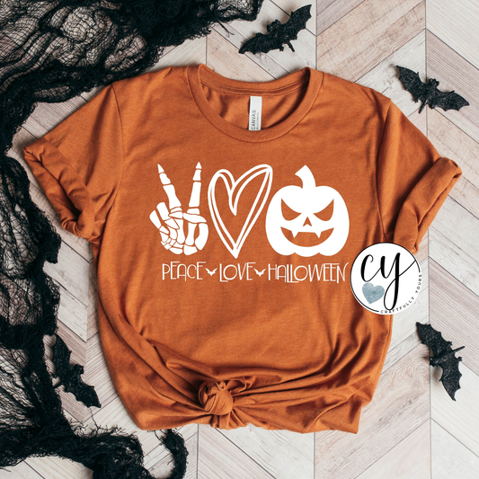 Peace Love Halloween T-Shirt | Retro Halloween Tee | Fall Vibes Shirt | Spooky Season Gift for Her | 70s Vibe