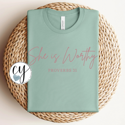 She Is Worthy Proverbs 31 Tee - Dusty Rose Script
