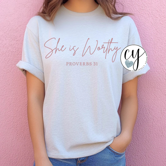 She Is Worthy Proverbs 31 Tee - Dusty Rose Script