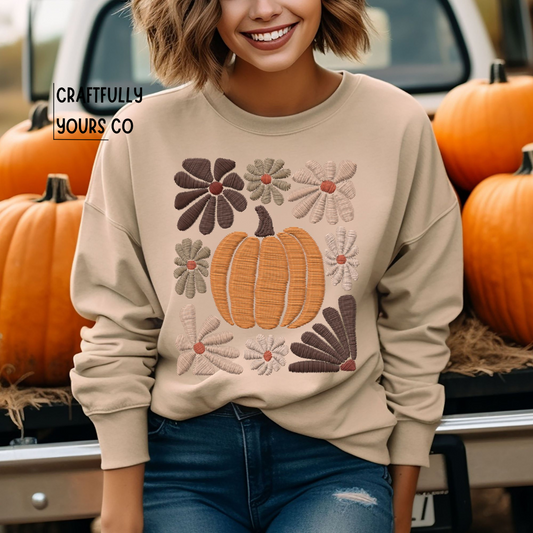 Boho Floral Pumpkin Faux Embroidery