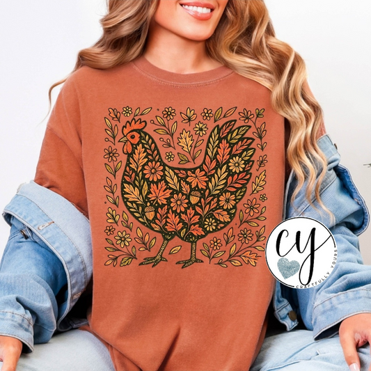 Autumn Leaves & Flowers Chicken Folk Art Tee