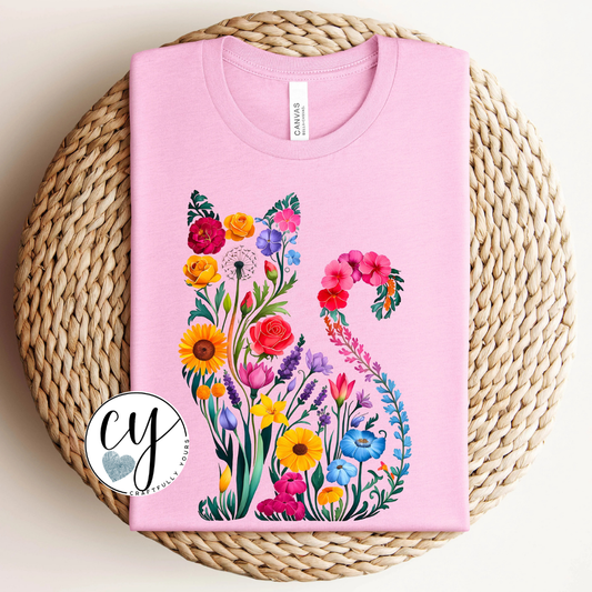 Bold Floral Cat Silhouette Tee