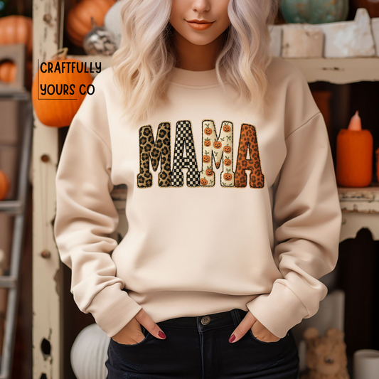 Mama Halloween Print Faux Embroidery