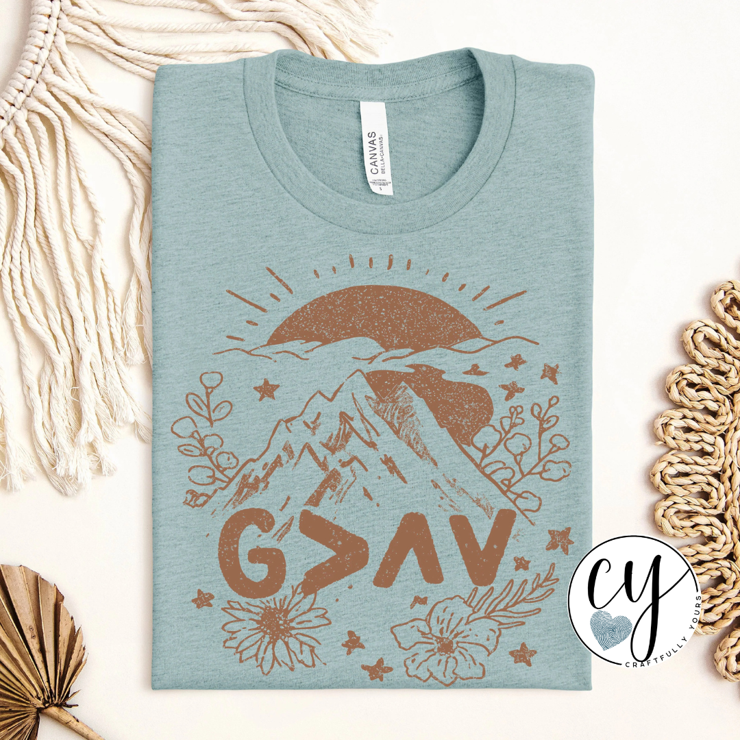 God is Greater Mountain Sunrise Tee | Christian Adventure Shirt