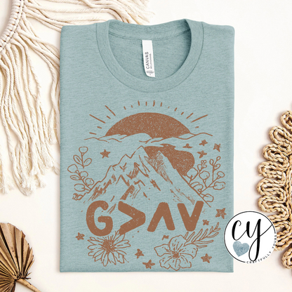 God is Greater Mountain Sunrise Tee | Christian Adventure Shirt
