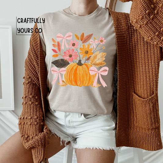 Pink Boho Hand-Drawn Pumpkin Florals Tee
