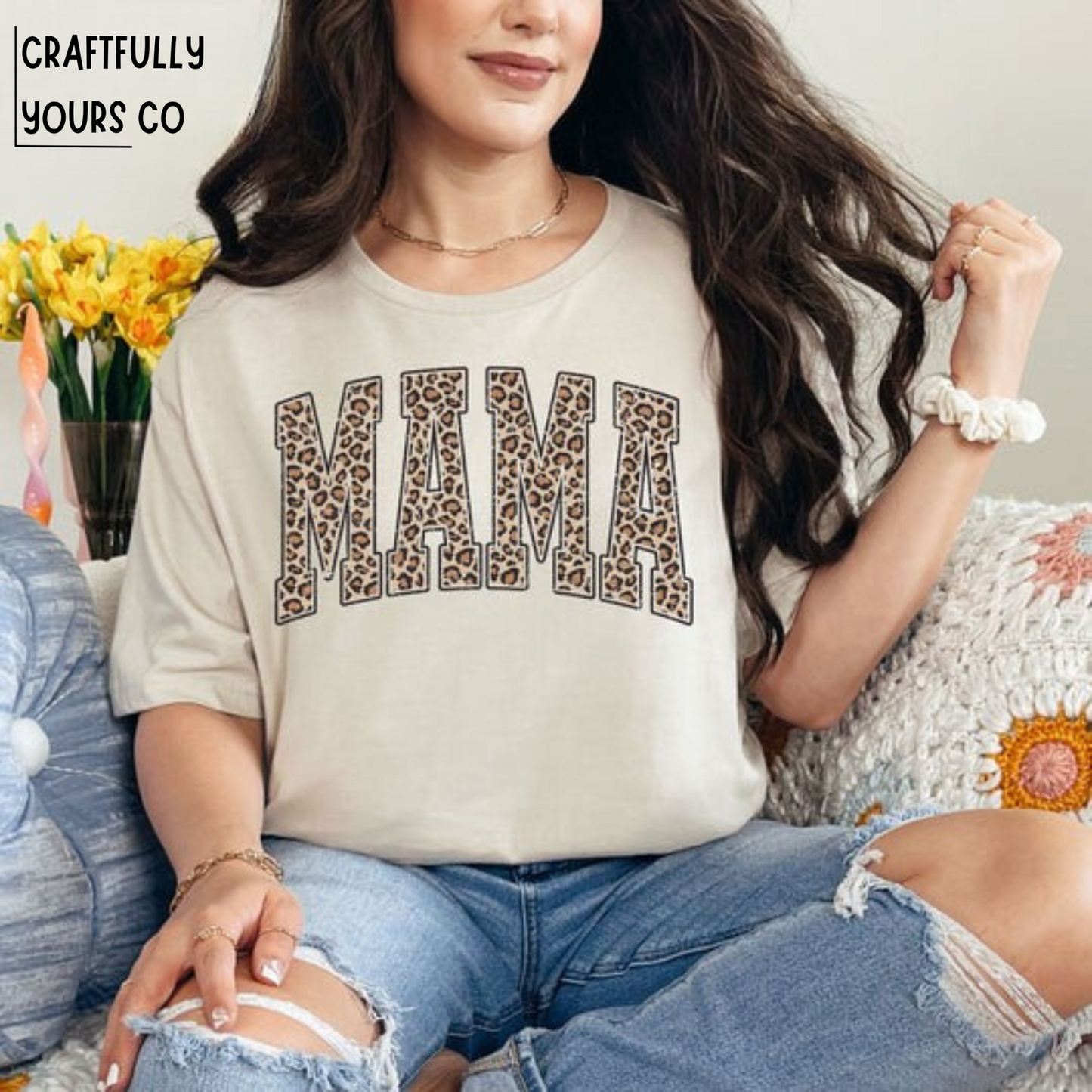Distressed Leopard Mama Curved Tee